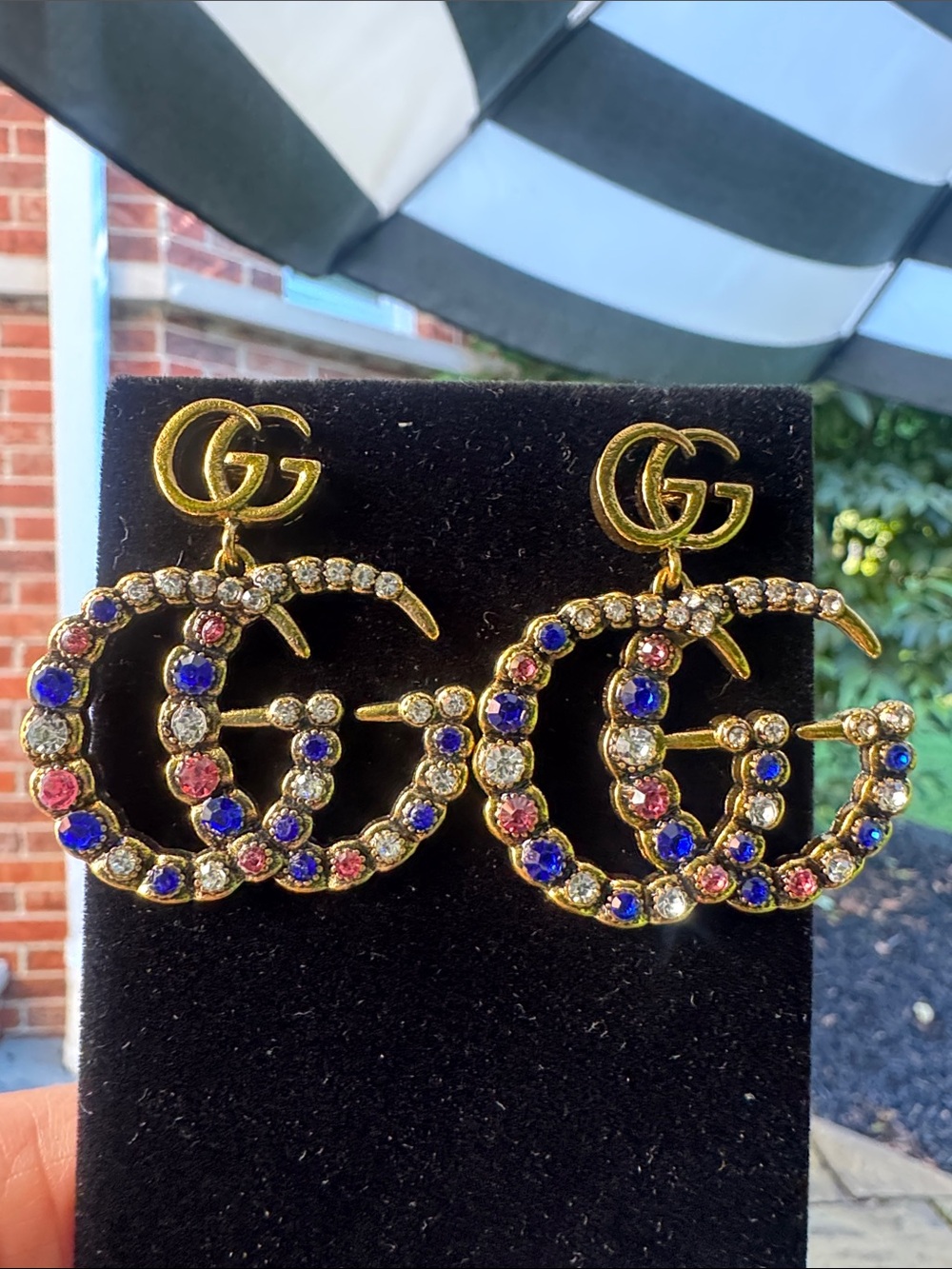 Earrings Gold-Tone Crystal Drop Earrings with Blue and Pink Stones